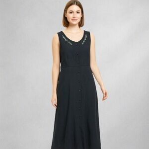 Erika Vintage 90s Black Maxi Dress M Button Front Sleeveless Christmas